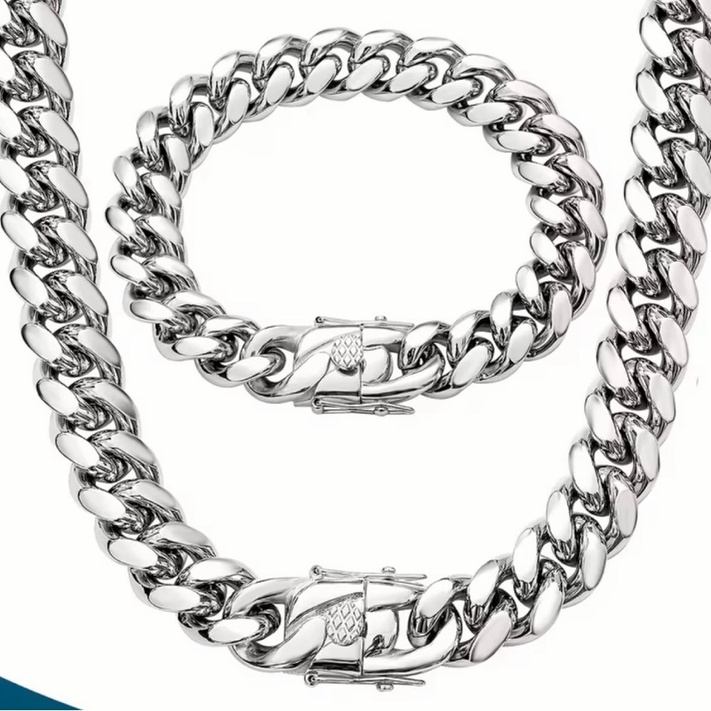New Silver Chain Necklace and Bracelet Set Unisex